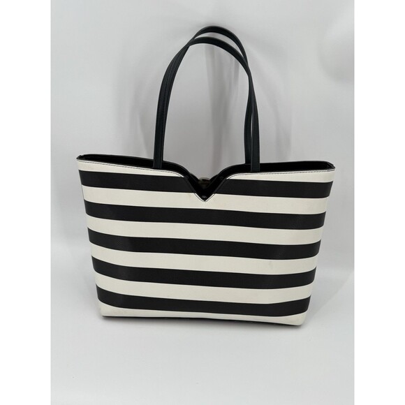 Betsey Johnson KITSCH Black White Striped Pink Bow Large Tote Shoulder Bag EUC - Picture 3 of 16